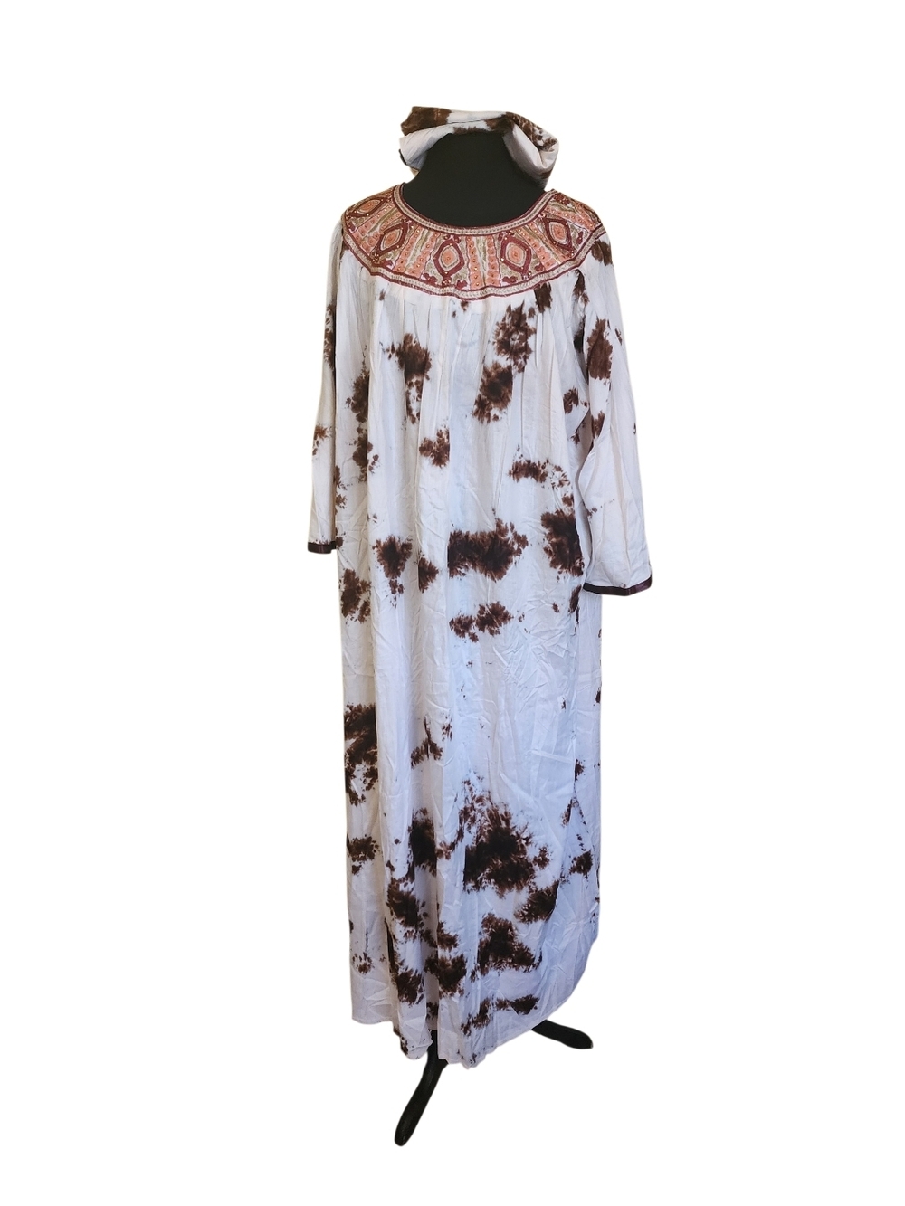 Embroidered Boho Maxi Dress with Brown Tie-Dye - White/Brown